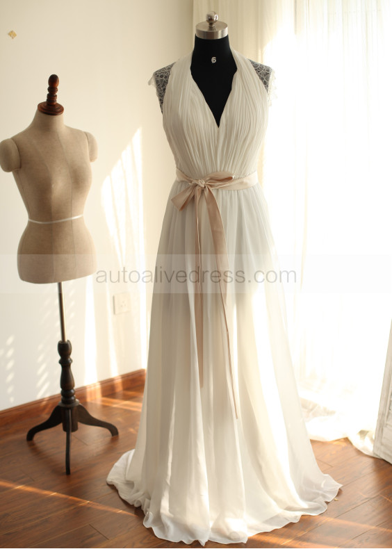 Boho Halter Lace Chiffon Long Wedding Dress